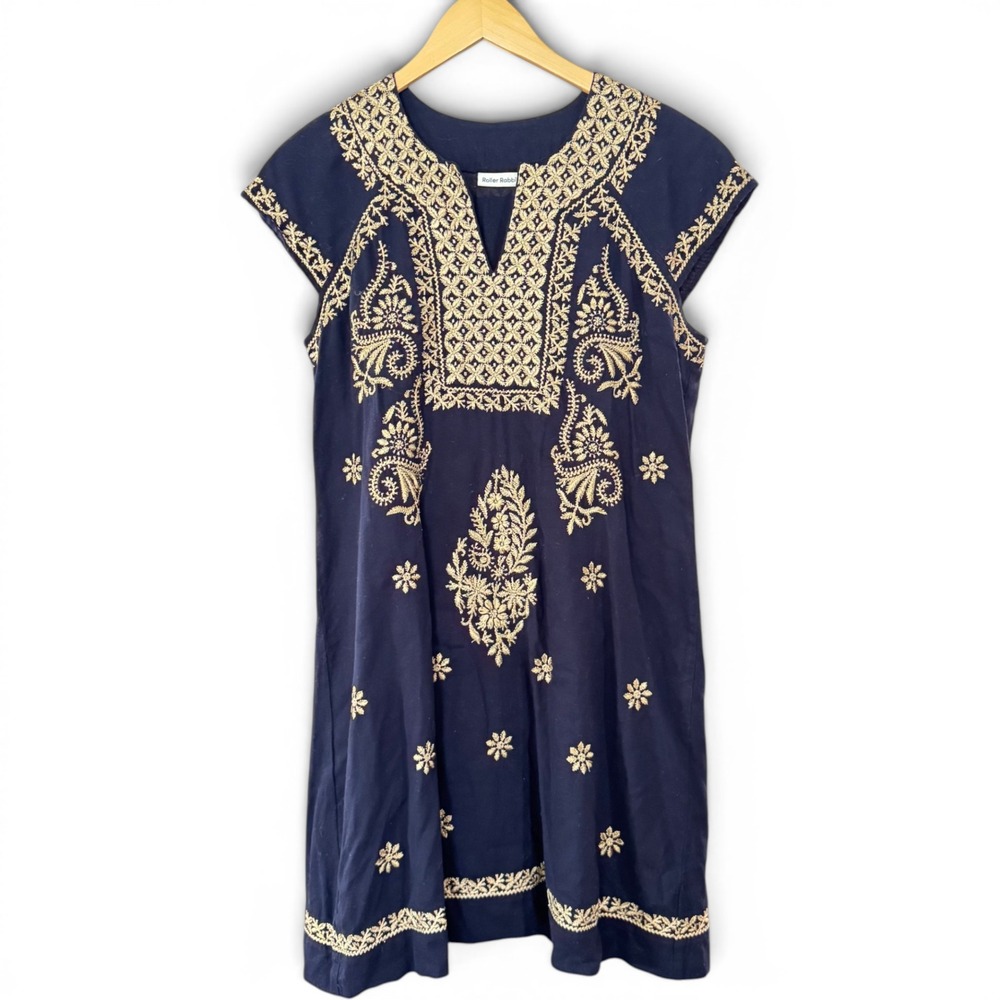 Roller Rabbit Sheath Dress Medium Navy Metallic Gold Embroidered Cotton V-Neck